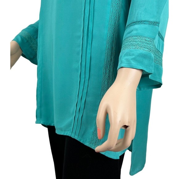 Soft Surroundings Capistrano Pintuck Teal Tunic Top Lace Inset Hi Lo Hem MEDIUM - Picture 8 of 12